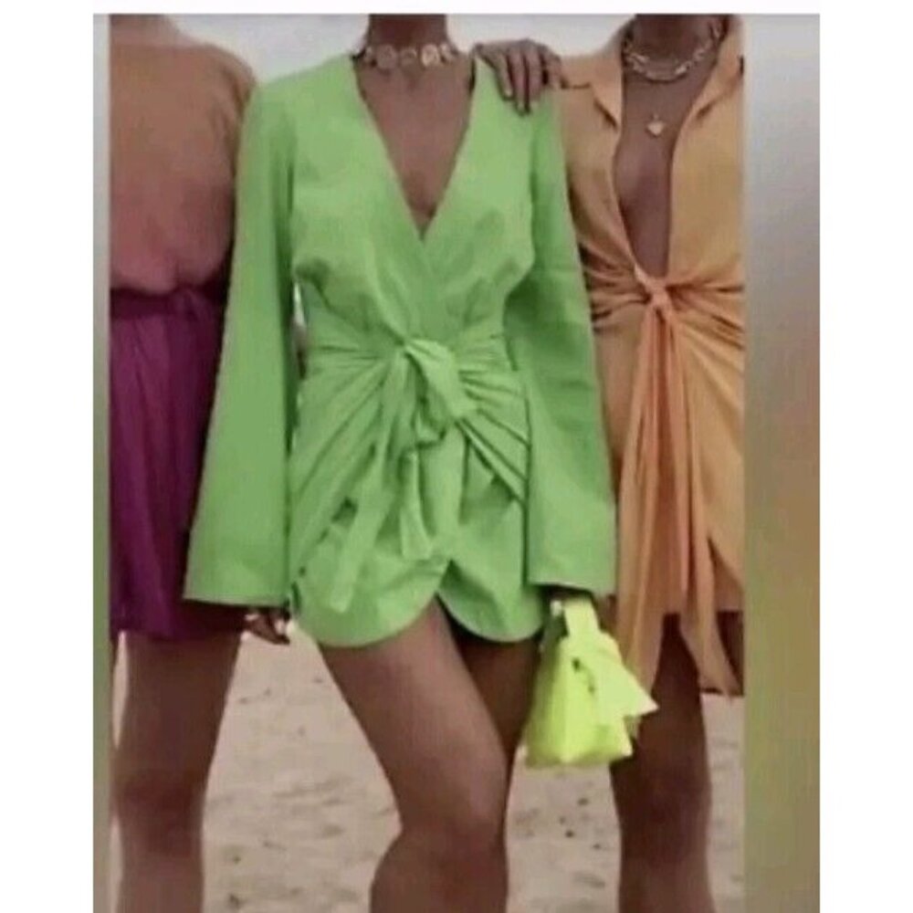 L'ACADEMIE The Janeiro Mini Kimono Style Bell Sleeve Wrap Dress Lime Green XL